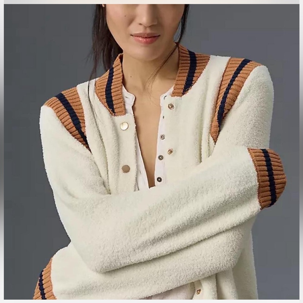 Anthropologie Cream Cardigan with Brown and Navy Accents